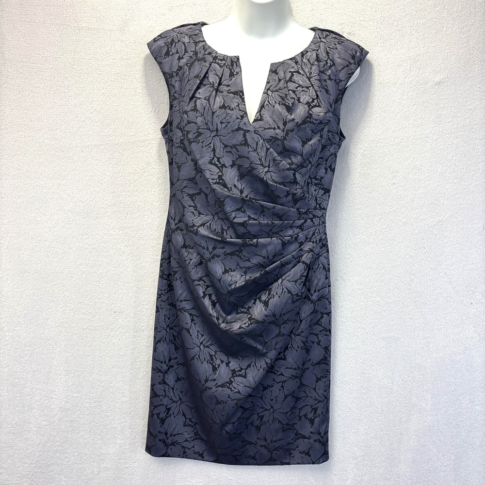 Adrianna Papell Floral Ruched Sheath Dress Womens 6 Gray V-Neck‎ Cocktail Knee